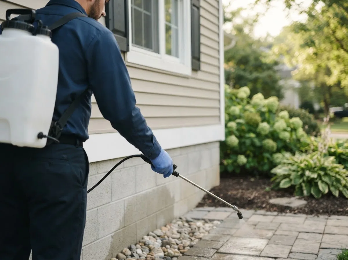 Pest control technician inspecting a home in Homer, OH
